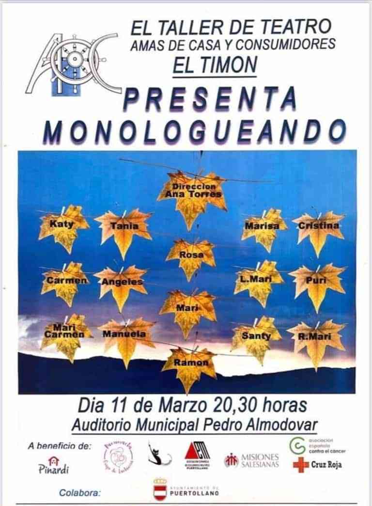 “Monologueando” teatro benéfico este viernes 11 de marzo en el Auditorio Municipal de Puertollano “Monologueando” teatro benéfico este viernes 11 de marzo en el Auditorio Municipal de Puertollano