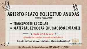 Ya pueden solicitarse las ayudas para material y transporte escolar del ayuntamiento de Tomelloso  para el curso 2022-2023