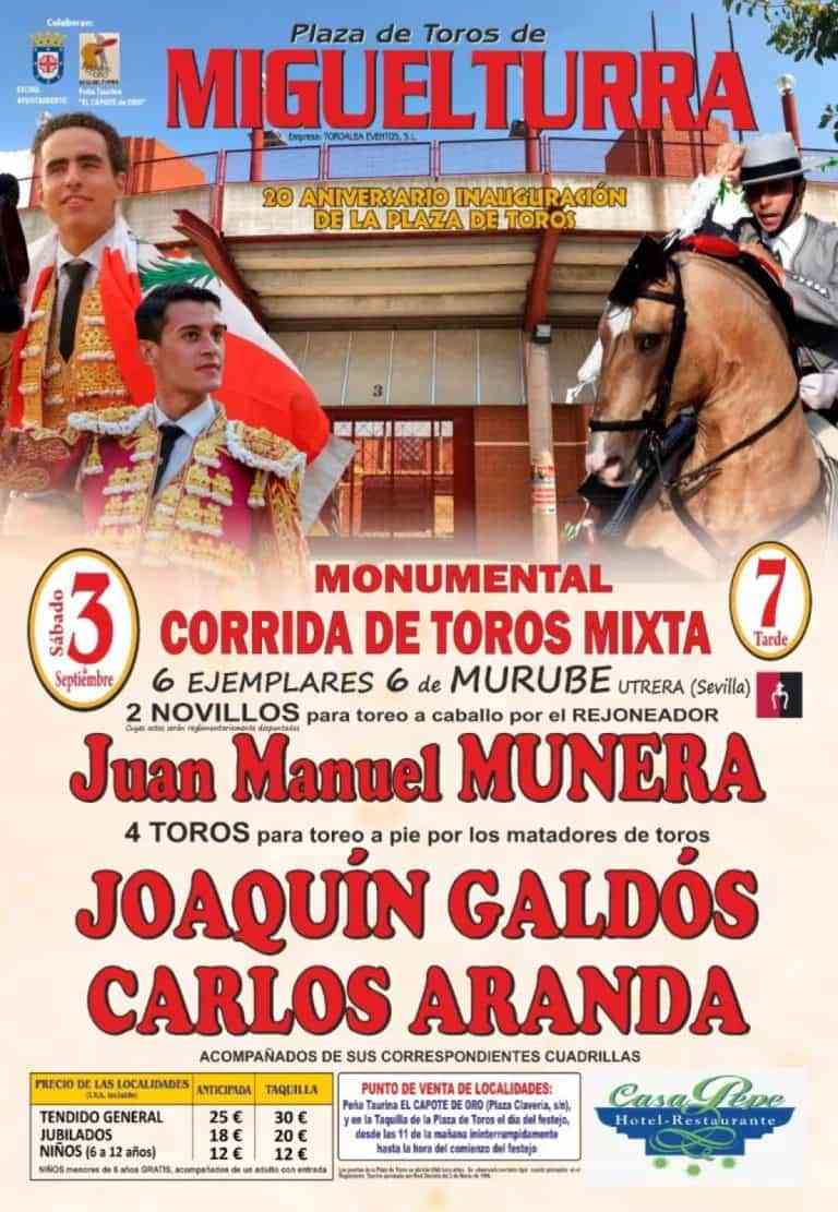Monumental corrida de toros por el 20 aniversario de la Plaza de Toros de Miguelturra el 3 de septiembre