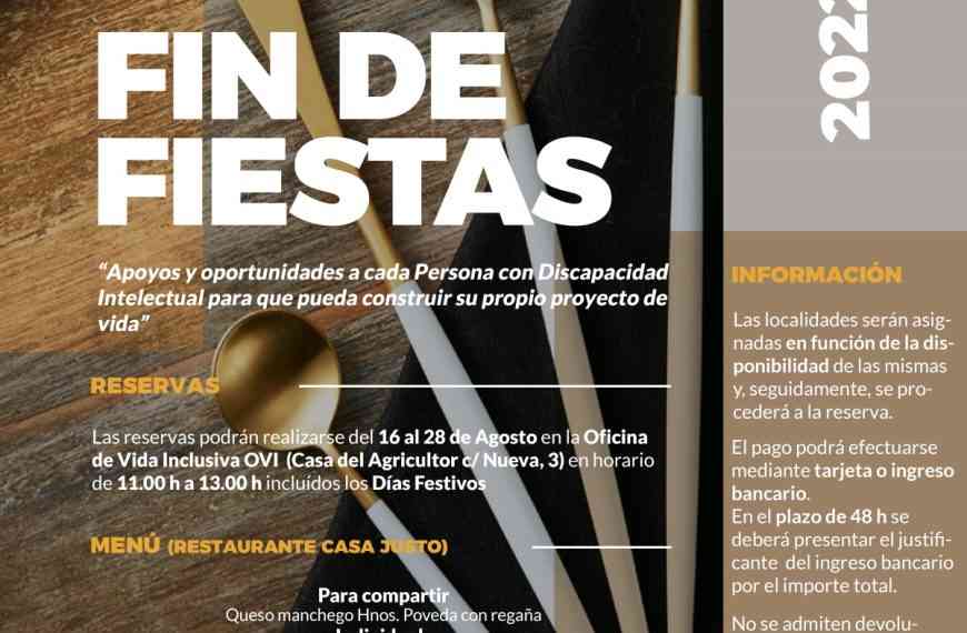 La reserva de localidades para la Cena Fin de Fiestas de la Feria de Tomelloso 2022 a beneficio de AFAS del 16 al 28 de agosto