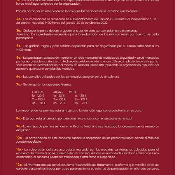 XV Concurso Local de Gachas, Migas y Pisto en la explanada del Recinto Ferial de Tomelloso el domingo 23 de octubre