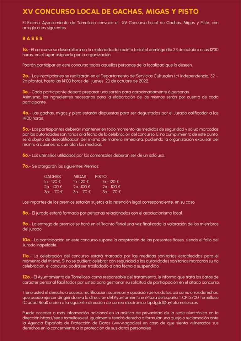 XV Concurso Local de Gachas, Migas y Pisto en la explanada del Recinto Ferial de Tomelloso el domingo 23 de octubre