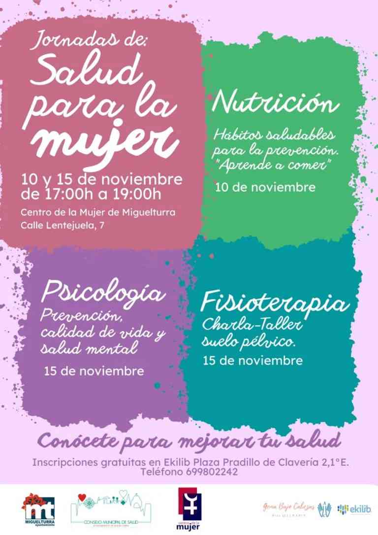 Charlas gratuitas “Jornadas de salud para la mujer” el 10 y 15 de noviembre en el Centro de la Mujer de Miguelturra