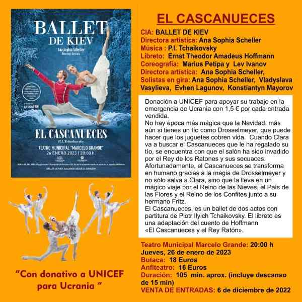 “El cascanueces” con el Ballet de Kiev el 26 de enero en el Teatro Municipal Marcelo Grande de Tomelloso con donativo a UNICEF para Ucrania