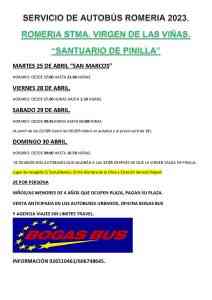 Horarios del transporte público para los habitantes y visitantes de Tomelloso que deseen visitar el Santuario de Pinilla.