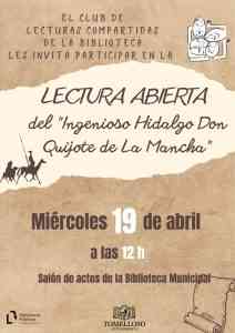 La Biblioteca Municipal de Tomelloso invita a una lectura abierta de “El ingenioso hidalgo Don Quijote de La Mancha” el 19 de abril.