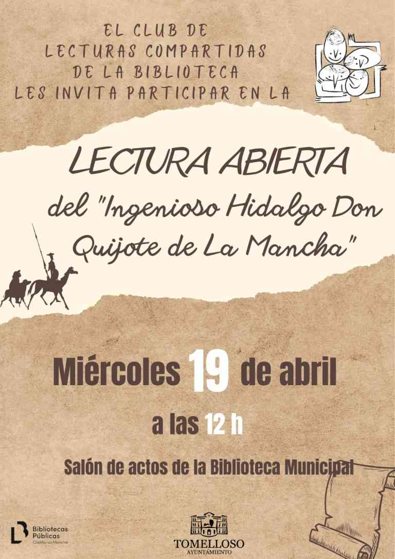 La Biblioteca Municipal de Tomelloso invita a una lectura abierta de “El ingenioso hidalgo Don Quijote de La Mancha” el 19 de abril.