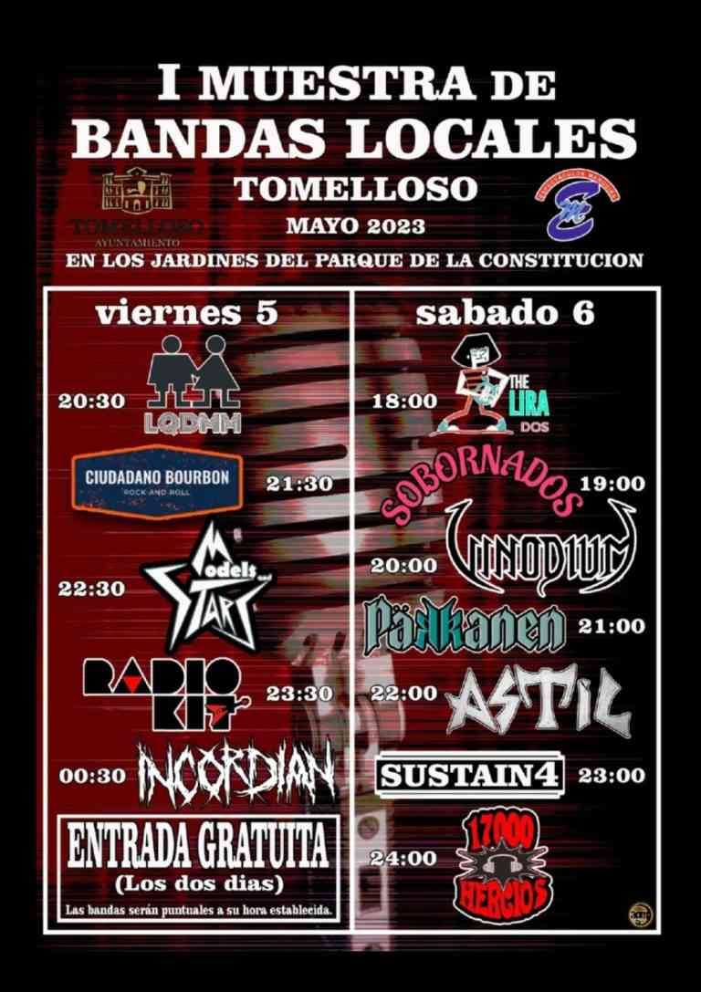 Concierto gratuito de Bandas Locales los días 5 y 6 de mayo en los Jardines del Parque de Tomelloso