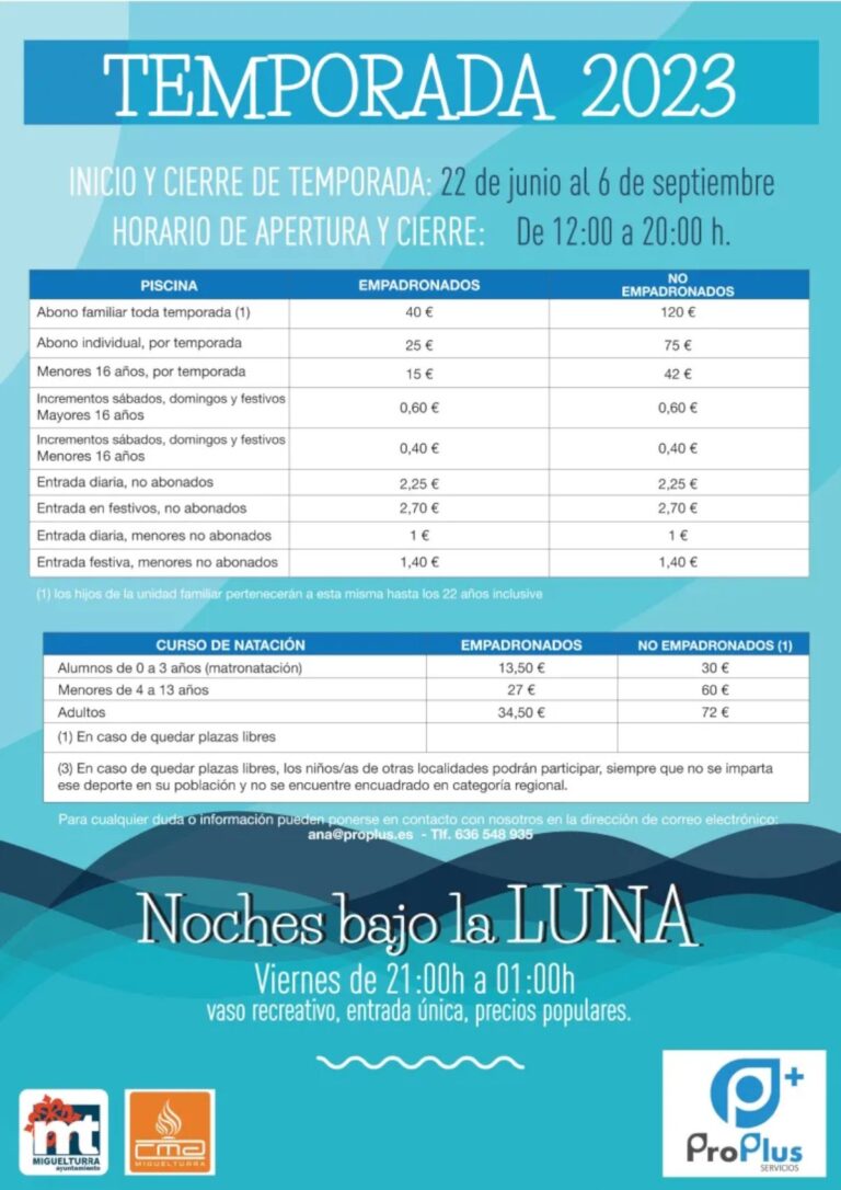 Tarifas, descuentos, bonificaciones y cursos de la Piscina Municipal de Miguelturra a partir del 22 de junio