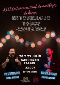 El XIII Certamen Nacional de Monólogos “En Tomelloso, todos contamos” este fin de semana en los Jardines del Parque entrada libre