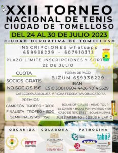 Plazo de inscripción y sorteo del XXII Torneo Nacional de Tenis «Ciudad de Tomelloso» del 24 al 30 de julio: 22 de julio