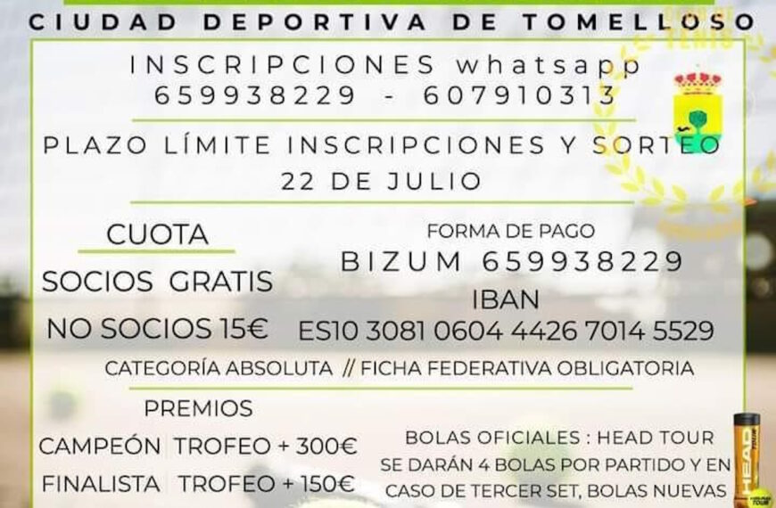 Plazo de inscripción y sorteo del XXII Torneo Nacional de Tenis «Ciudad de Tomelloso» del 24 al 30 de julio: 22 de julio
