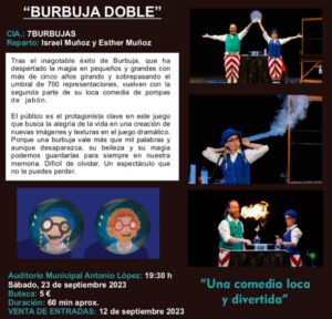 Comedia “Burbuja doble” el 23 de septiembre en el Auditorio Municipal Antonio López de Tomelloso  a las 19:30 hrs