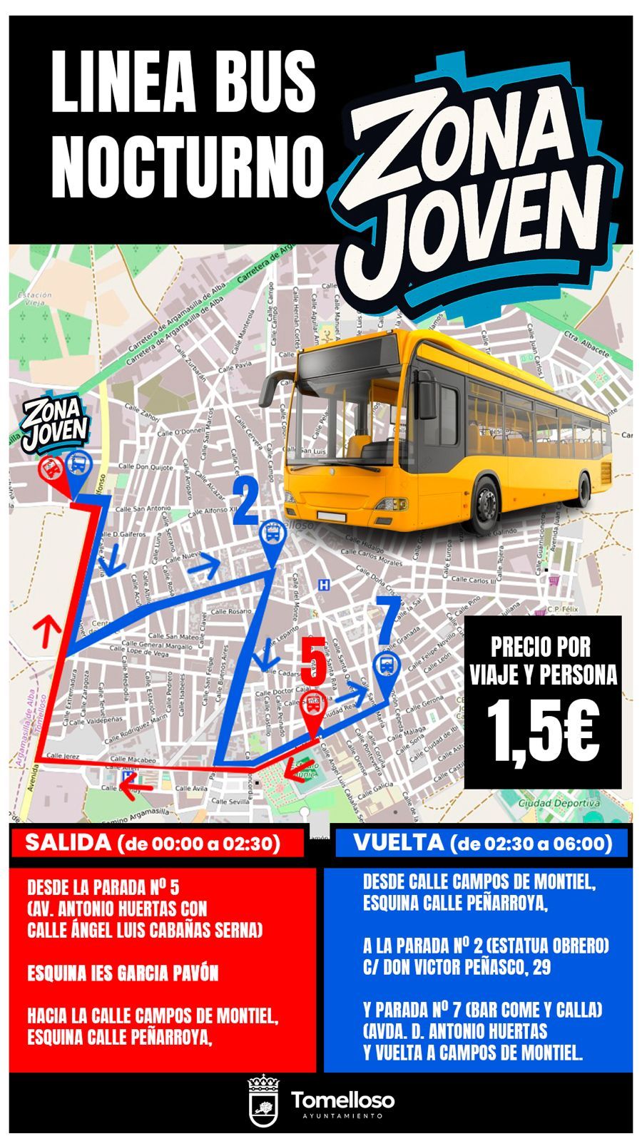«Nuevo Servicio de Bus Nocturno para la Gran Inauguración de la Zona Joven en Tomelloso – Sábado 7 de Junio de Medianoche a las 06:00 AM».
