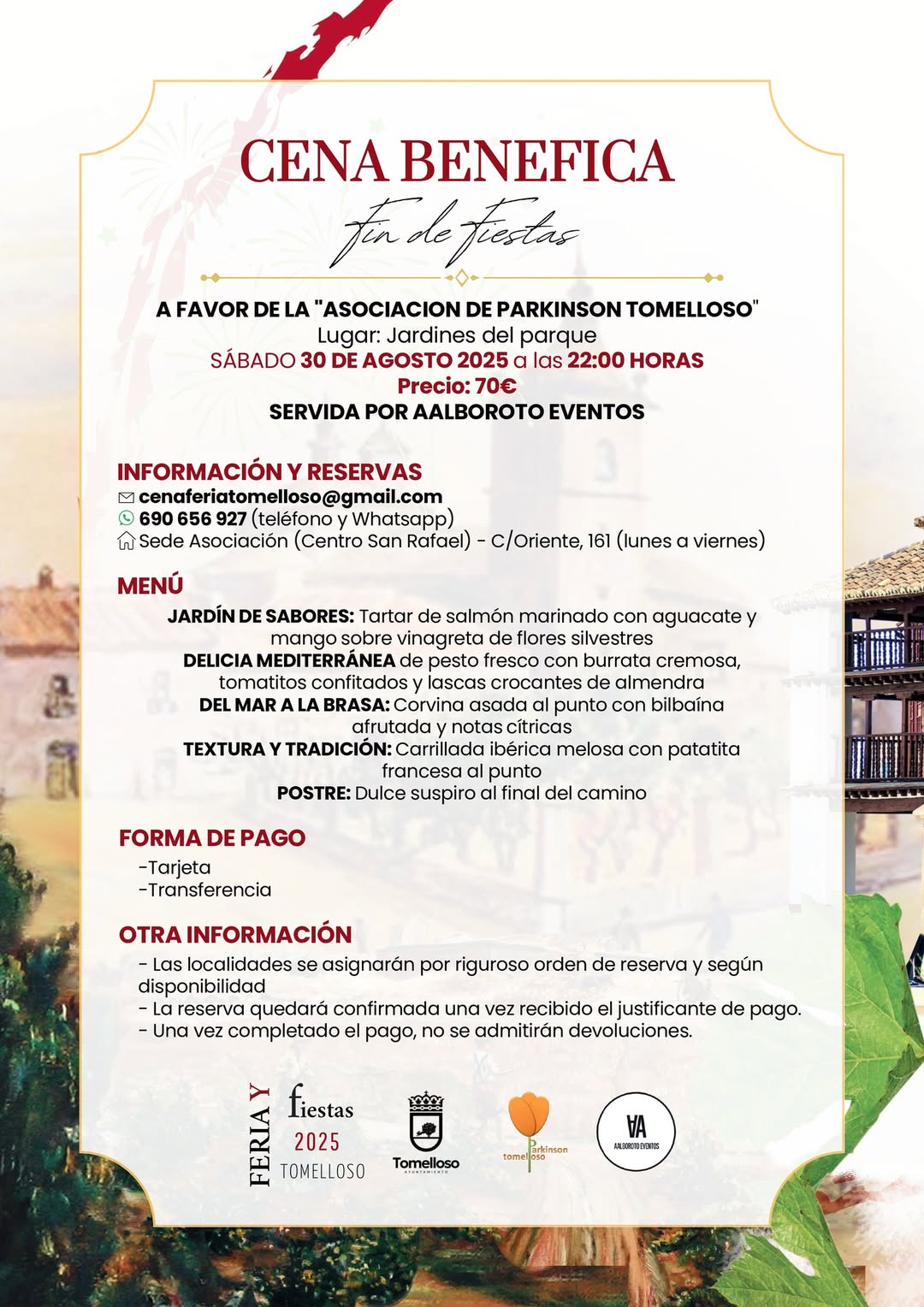 Adquiere tus Entradas para la Cena de Gala de la Feria y Fiestas de Tomelloso este Sábado: Beneficiando a la Asociación de Parkinson Tomelloso