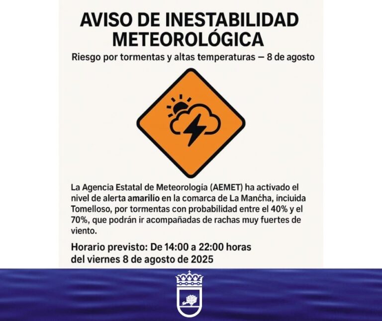Alerta de Tormentas y Calor Extremo en Tomelloso: Anuncio Oficial del Ayuntamiento del 8 de Agosto