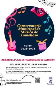 Plazo Extraordinario de Admisión al Conservatorio Municipal de Música de Tomelloso Abierto Hasta el 29 de Agosto