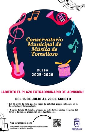 Plazo Extraordinario de Admisión al Conservatorio Municipal de Música de Tomelloso Abierto Hasta el 29 de Agosto