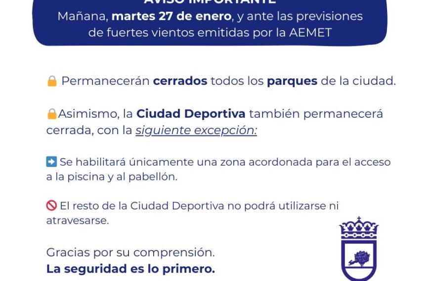 Todos los Parques de la Ciudad Permanecerán Cerrados Mañana por Prevención ante las Predicciones de Viento Fuerte de AEMET