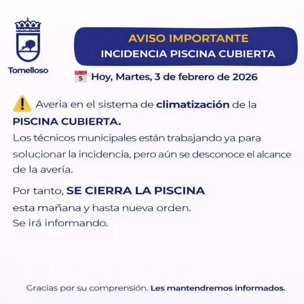 Información Urgente: Cierre de la Piscina Cubierta desde el 3 de Febrero por Problemas en el Sistema de Climatización
