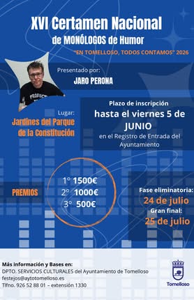 Inscripciones Abiertas hasta el 5 de Junio para el XVI Certamen Nacional de Monólogos de Humor ‘En Tomelloso, todos contamos’ 2026