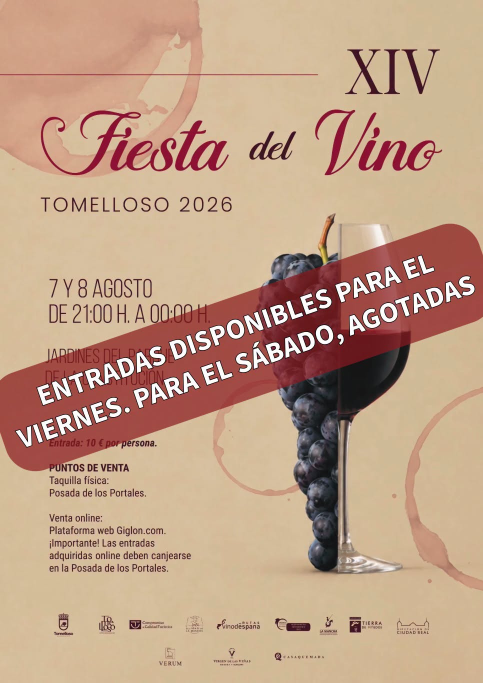 ¡No te quedes sin ellas! Entradas aún disponibles para la XIV Fiesta del Vino este viernes 7 de agosto en los Jardines; entradas para el sábado 8 están agotadas