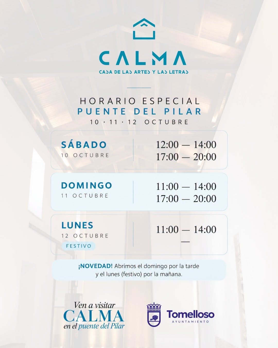 Ampliación de Horario en la Casa de las Artes y las Letras CALMA para Celebrar el Puente del Pilar